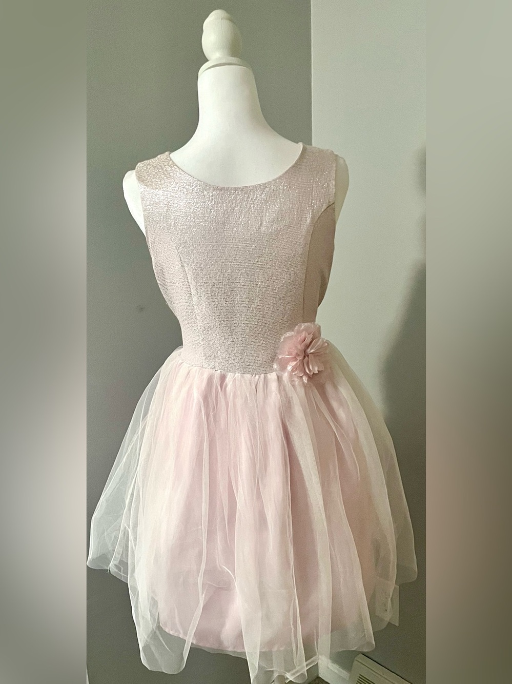 lilt Sparkle Tulle Party Dress in Light Pink with Flower Accent